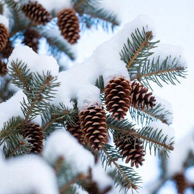 Snowy Pine Cones on Branches