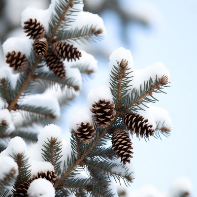 Snowy Pine Branches with Cones