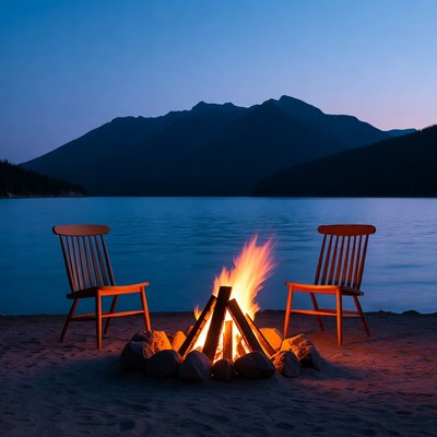 Campfire with chairs by mountain lake