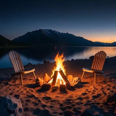 Campfire on Lakeside Beach at Night