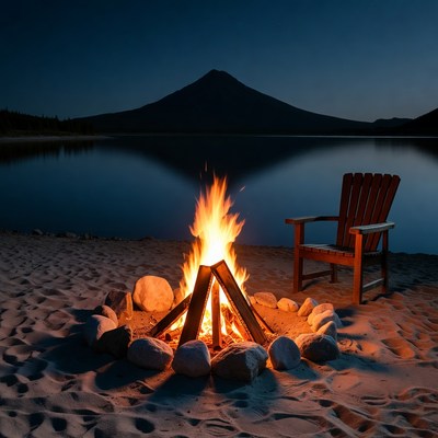 Campfire and Adirondack Chair by Lake