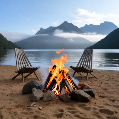 Campfire on Lakeside Beach with Chairs
