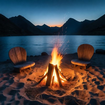 Campfire on Lakeside Beach at Sunset