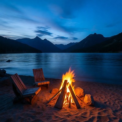 Campfire on Lakeside Beach at Night