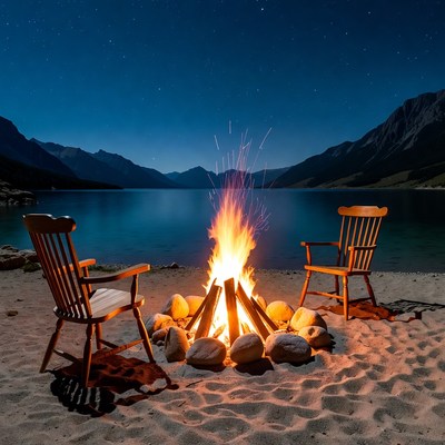 Campfire Between Chairs by Lake