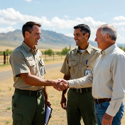 Three men shaking hands outdoors