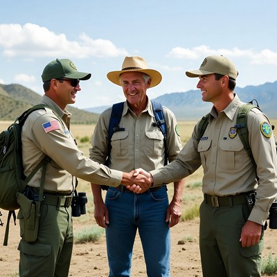 Three park rangers shaking hands outdoors