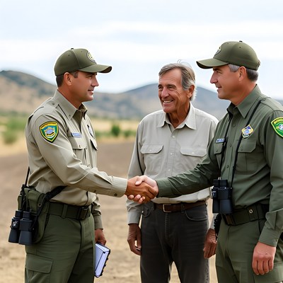 Three men shaking hands outdoors