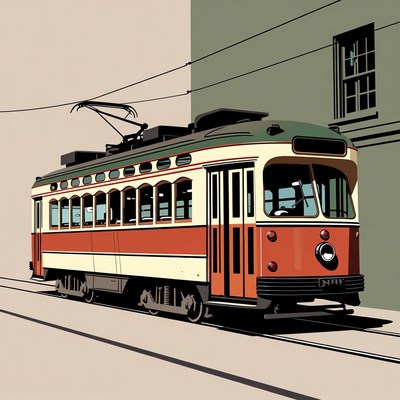 Vintage Red Trolley Streetcar Illustration