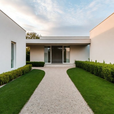 Modern White House with Curved Path