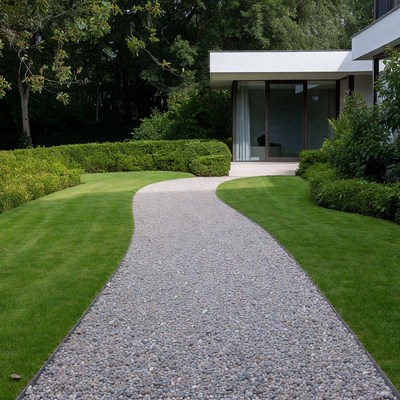 Curved gravel path to modern house
