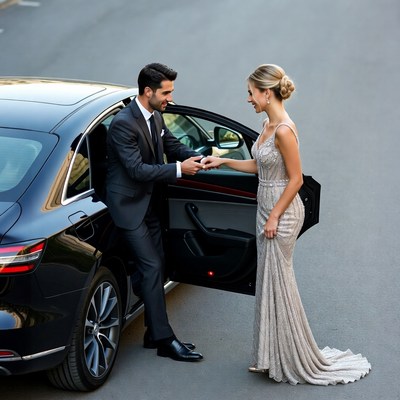Man proposing to woman beside car