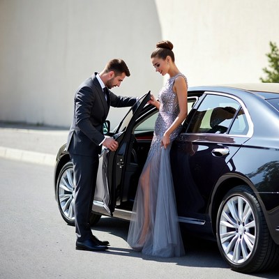 Man opening car door for elegant woman