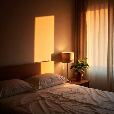 Sunlit Bedroom with Bed and Plant