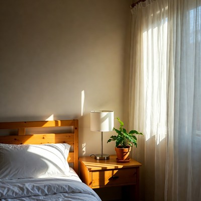 Wooden Bed with Lamp and Plant