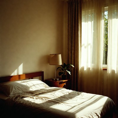 Sunlit Empty Bedroom with Bed
