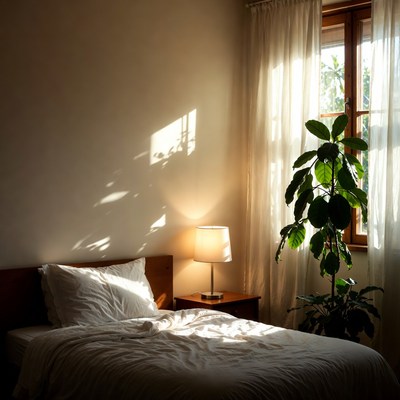 Sunlit Bedroom with Bed and Plant