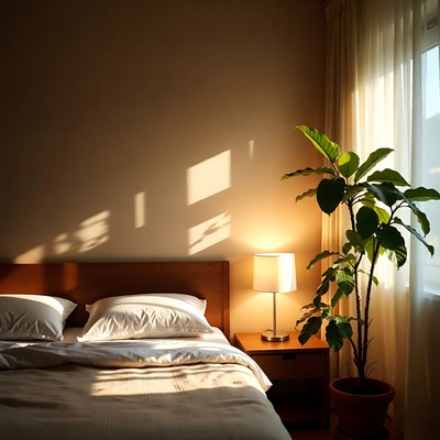 Cozy Bedroom with Bedside Lamp and Plant