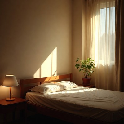 Sunlit Bedroom with Bed and Plant