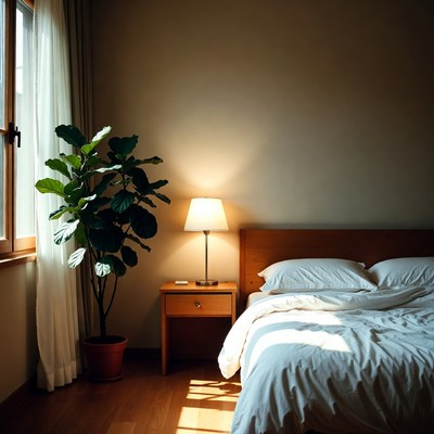 Cozy Bedroom with Ficus Plant