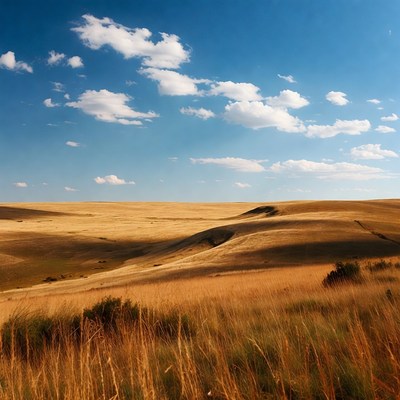 Golden rolling hills under blue sky