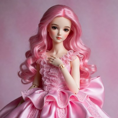 Pink-haired BJD doll in frilly dress