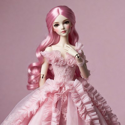 Pink-haired BJD doll in frilly gown
