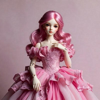 Pink-haired BJD doll in lace gown