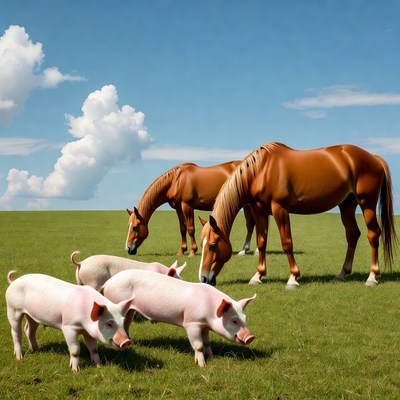 Horses and Piglets Grazing in Grassland