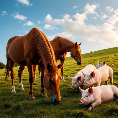 Horses and Piglets in Green Pasture