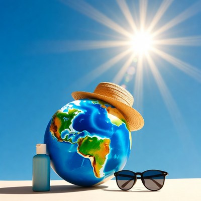 Earth globe with hat sunglasses lotion