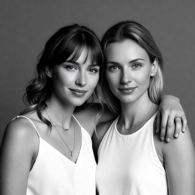 Two women embracing in black and white