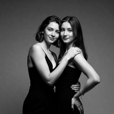 Two young women embracing in black dresses