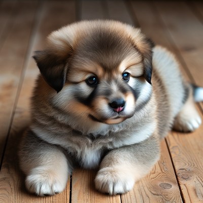 Cute fluffy puppy lying on floor