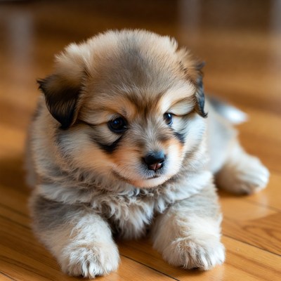 Fluffy Pomeranian puppy on floor