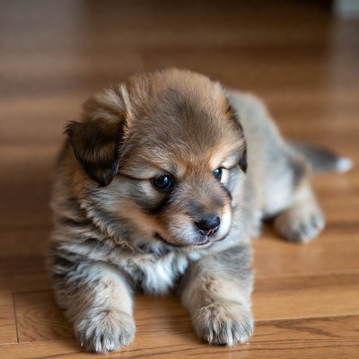 Fluffy Pomeranian puppy on floor