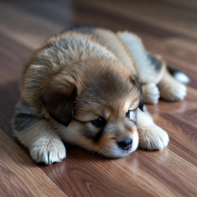 Fluffy puppy lying on wooden floor
