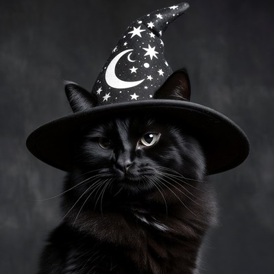 Black cat wearing witch hat