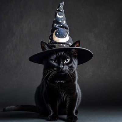 Black cat wearing witch hat