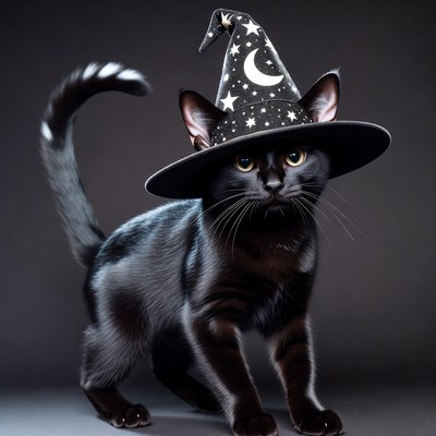 Black kitten wearing witch hat