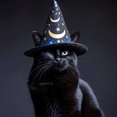 Black cat wearing witch hat