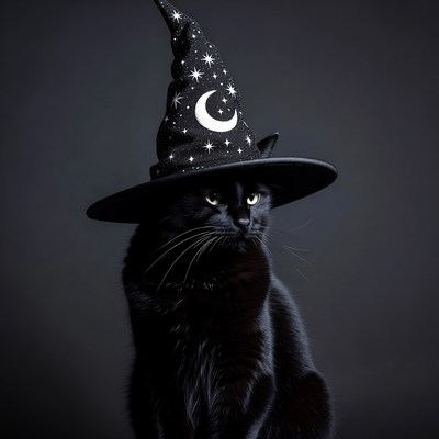 Black cat wearing starry witch hat
