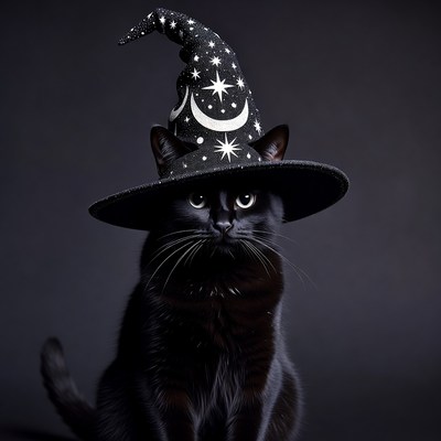 Black cat wearing witch hat