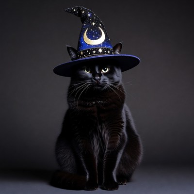 Black cat wearing starry witch hat