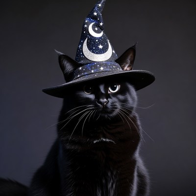 Black cat wearing witch hat
