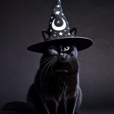 Black cat wearing witch hat
