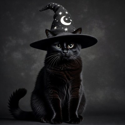 Black cat wearing witch hat