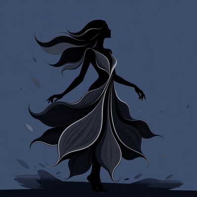 Silhouette woman in flowing leaf dress