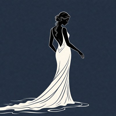 Silhouette woman in backless gown by water