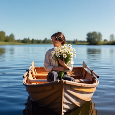 Woman holding daisies in rowboat